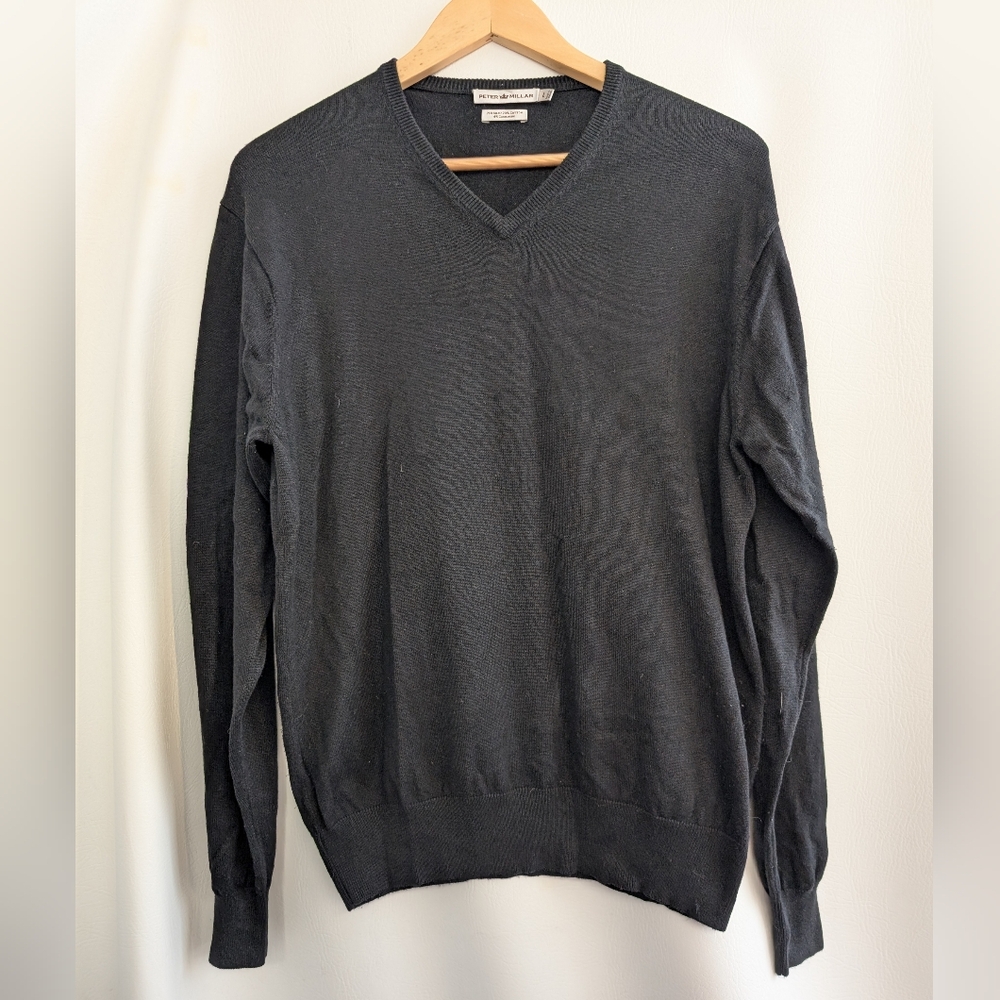 Peter Millar Black Silk Cotton Cashmere V-Neck Pullover Knit Sweater - L